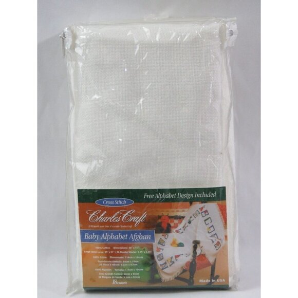Charles Craft Baby Alphabet Afghan 100% Cotton Cloth 18 Count 45x41" White - Picture 1 of 4